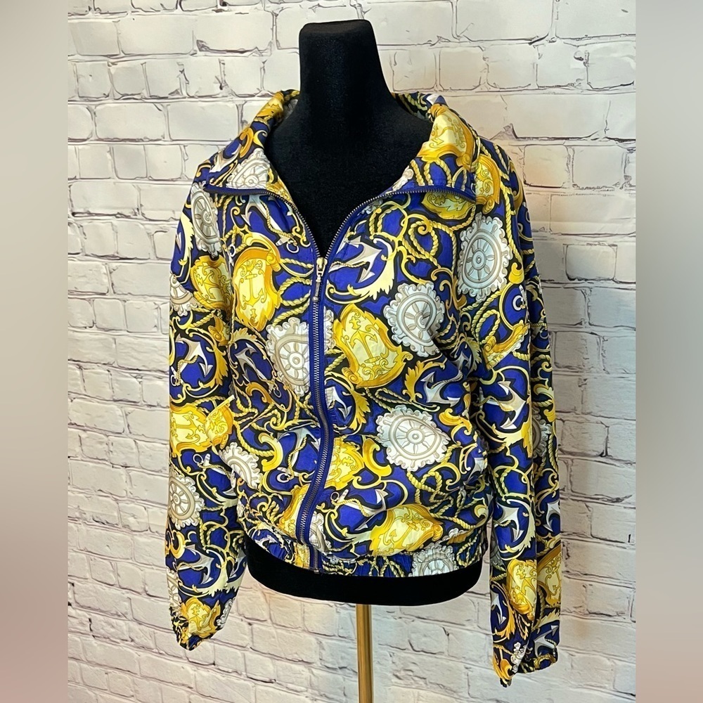 VINTAGE EVR SILK BOMBER JACKET NAUTICAL PRINT BLUE GOLD WHITE SIZE Medium